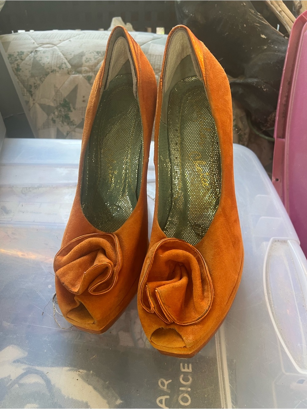 Irregular Choice Orange Suede Peep-Toe Heels with Rosette
